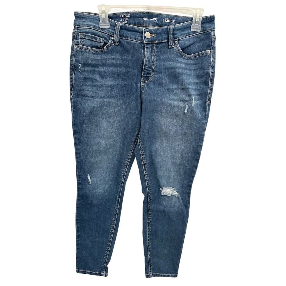 Crown & Ivy Petite Skinny Jeans Size 10 Blue Distressed Stretch Denim